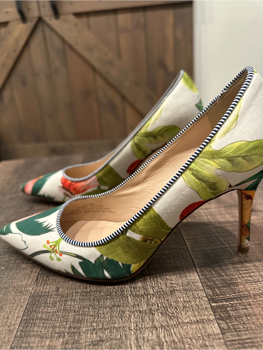 J. Crew Green and White Floral Pointed-Toe Pumps